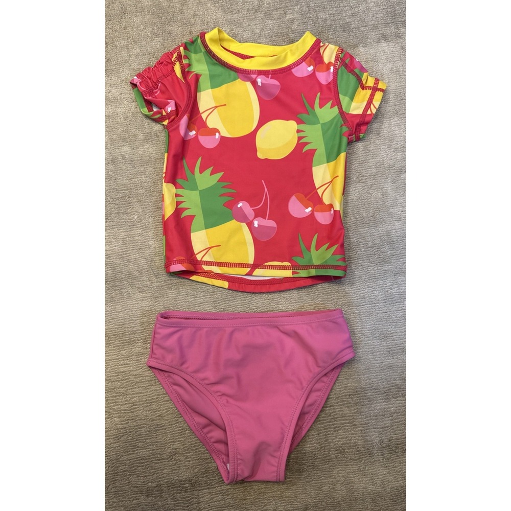 Girls NEW 2Piece Shortsleeved Swimsuit Set Size 2T Pink & Cherry/Pineapple Top